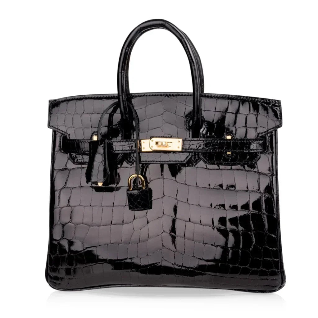 Birkin 25 Bag Black Crocodile Lisse Gold Hardware