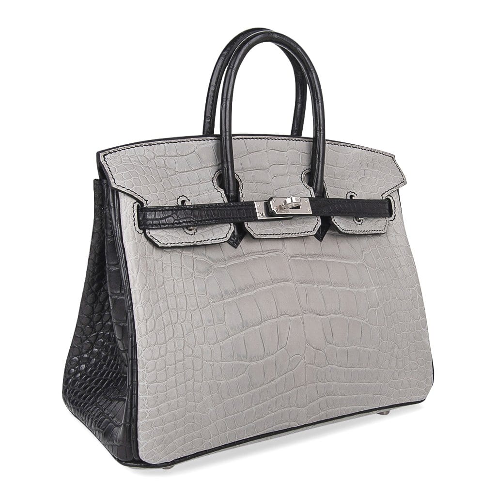 Birkin 25 HSS Bag Gris Perle / Black Matte Alligator Palladium Hardware