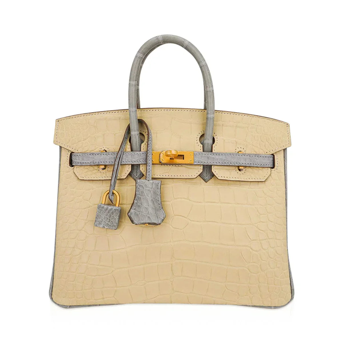 Special Order HSS Birkin 25 Bag in Matte Alligator Vanille and Gris Pearl Alligator with Brushed Gold Hardware