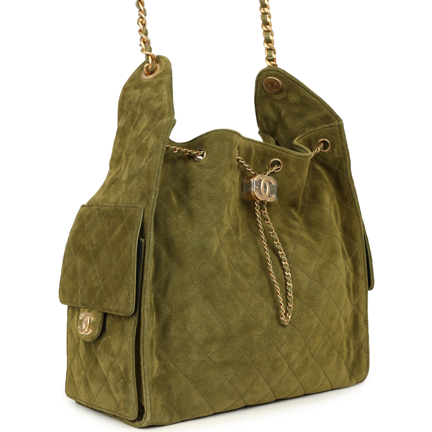 Chanel Medium 25 Hobo Bag Khaki Suede Antique Gold Hardware