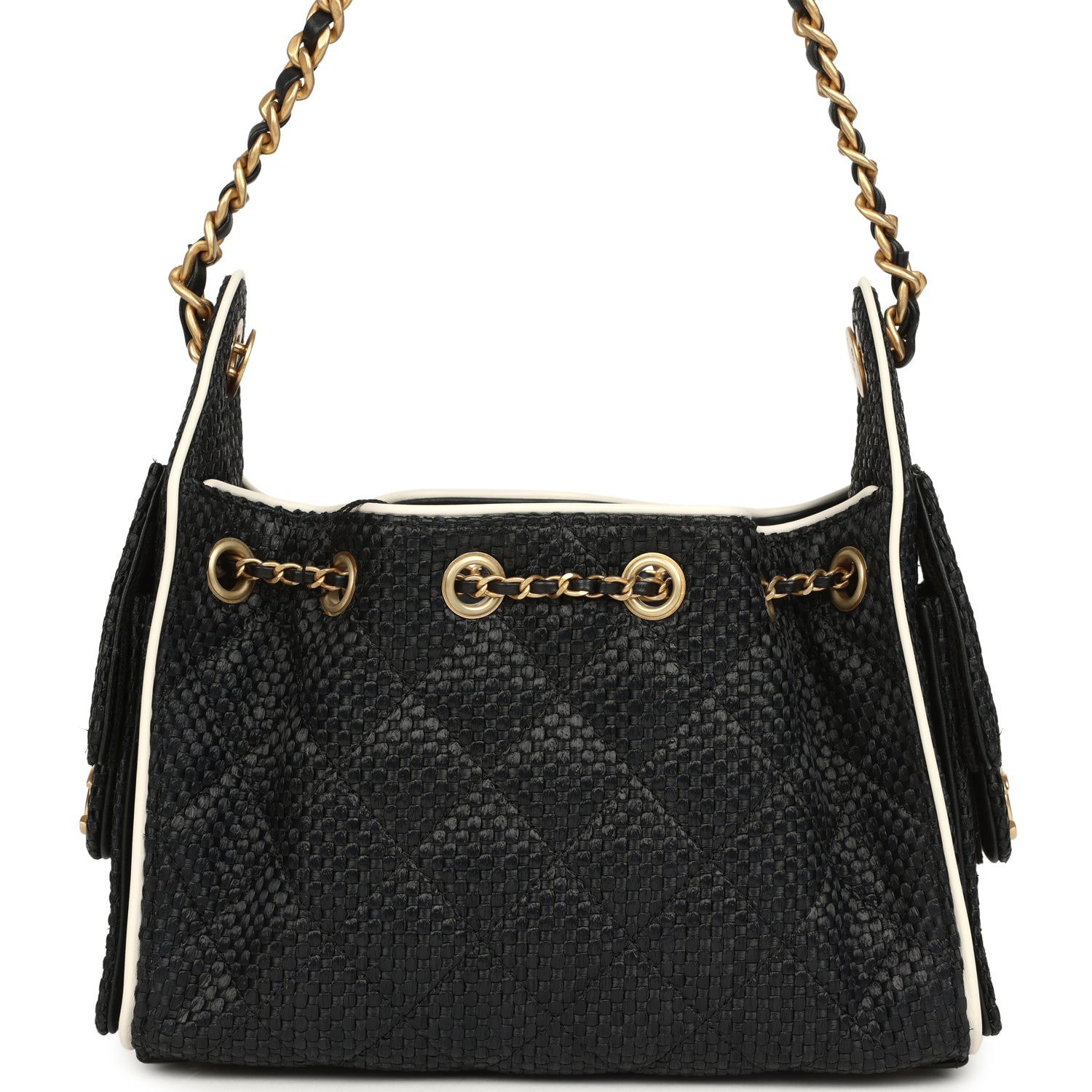Chanel Mini 25 Hobo Bag Black Raffia and White Calfskin Antique Gold Hardware