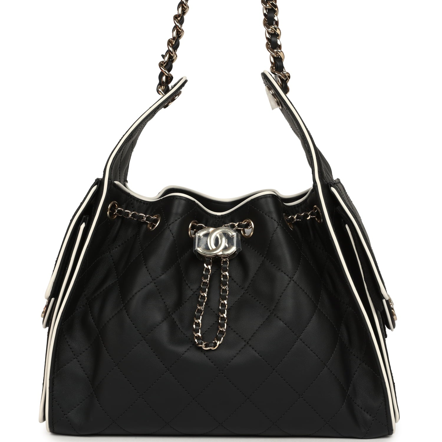 Chanel Small 25 Hobo Bag Black and White Calfskin Light Gold Hardware