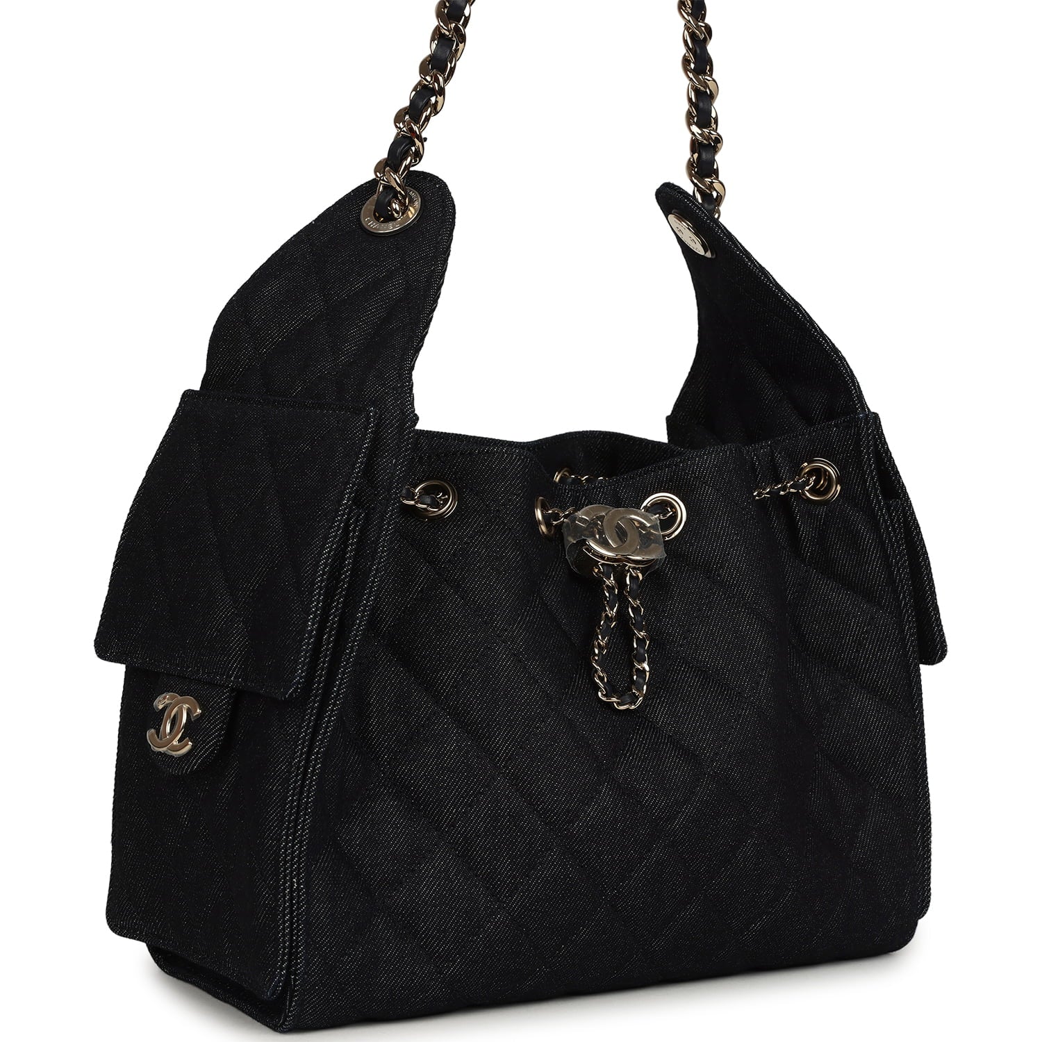 Chanel Small 25 Hobo Bag Dark Blue Denim Light Gold Hardware