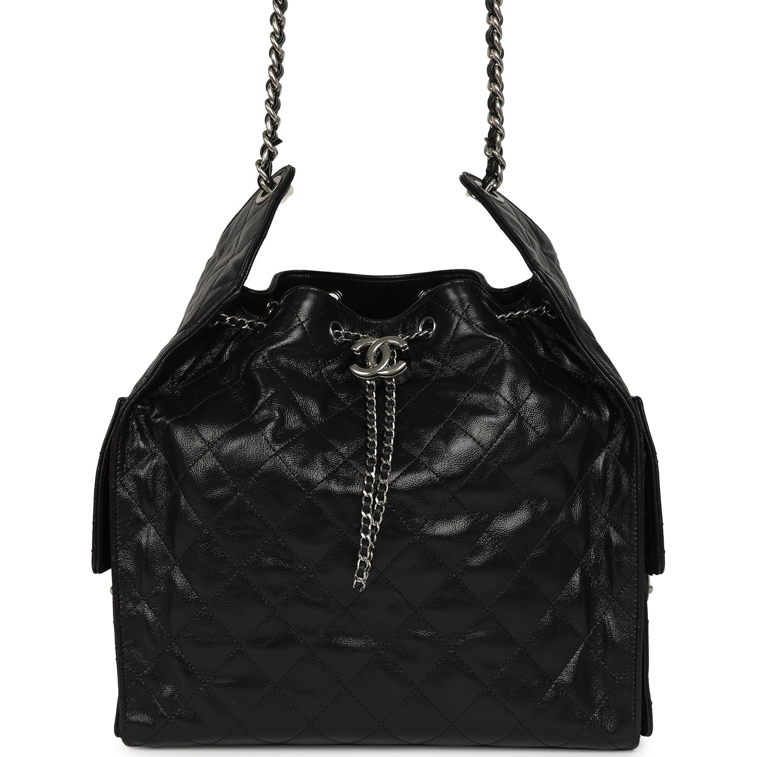 Chanel Medium 25 Hobo Bag Black Shiny Crumpled Calfskin Mixed Silver Hardware