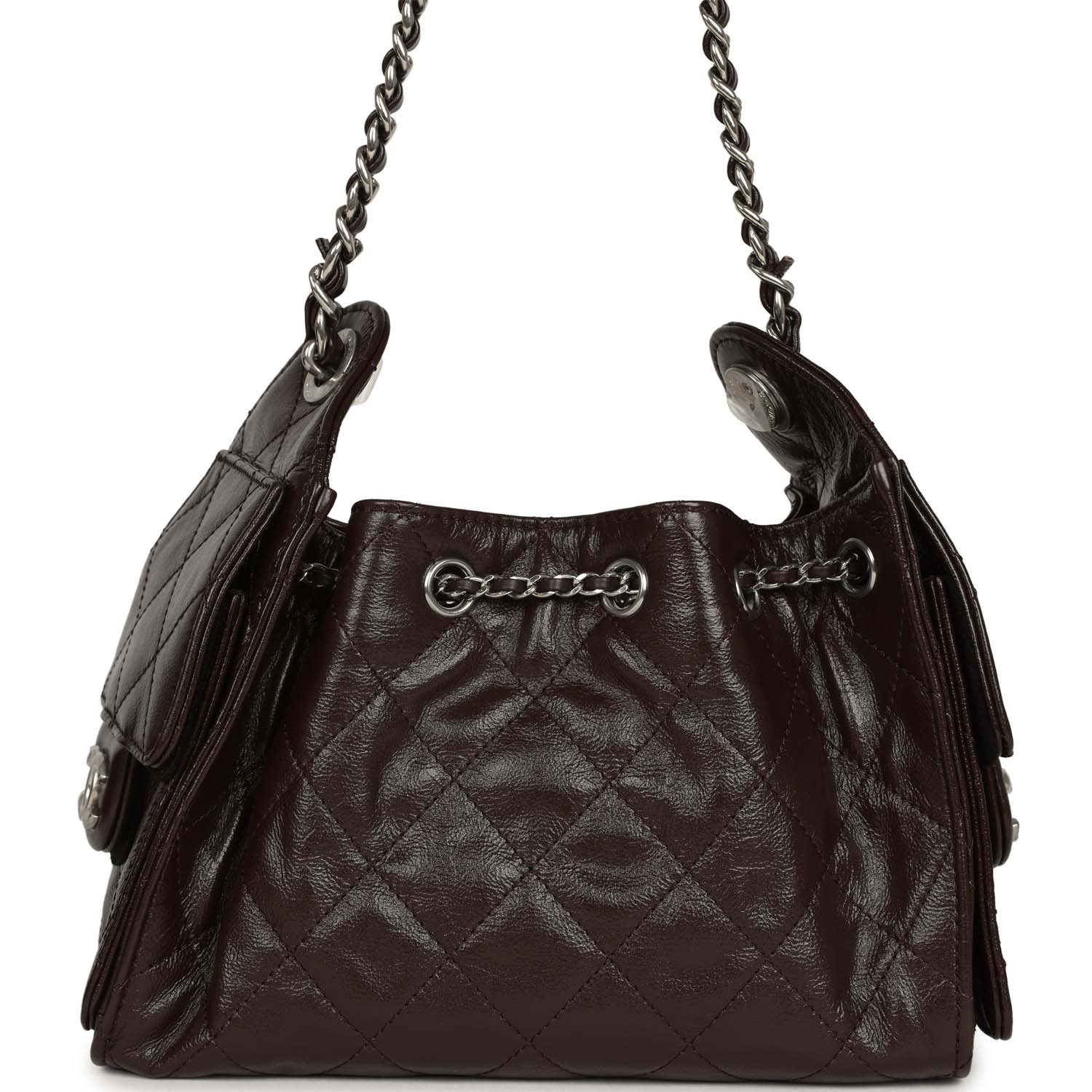 Chanel Mini 25 Hobo Bag Dark Brown Shiny Crumpled Calfskin Silver Hardware