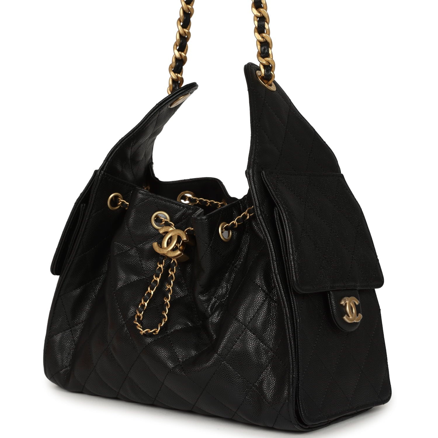 Pre-owned Chanel Small 25 Hobo Bag Black Caviar Antique Gold Hardware