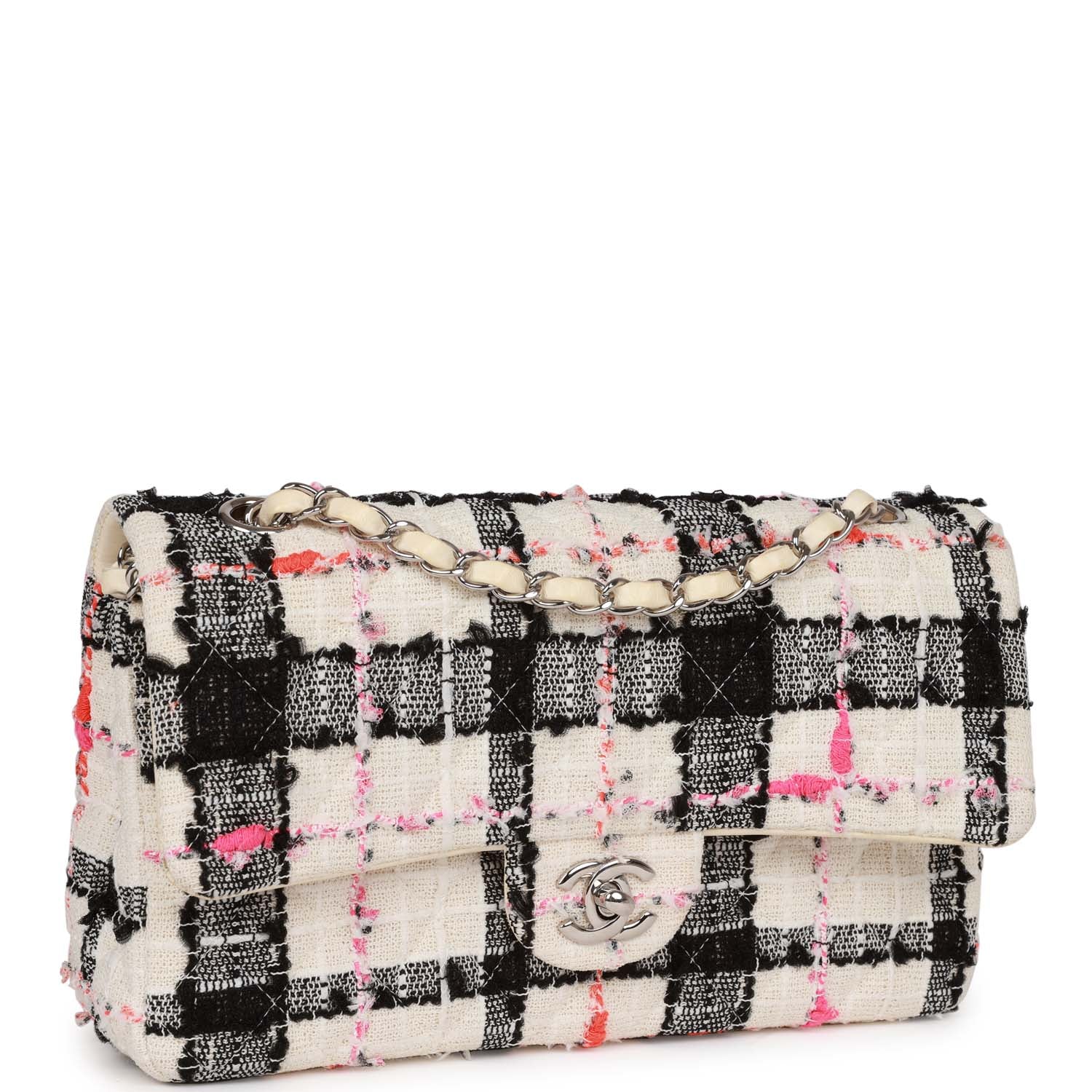 Pre-owned Chanel Medium Classic Double Flap Bag White, Black, and Pink Tweed Silver Hardware