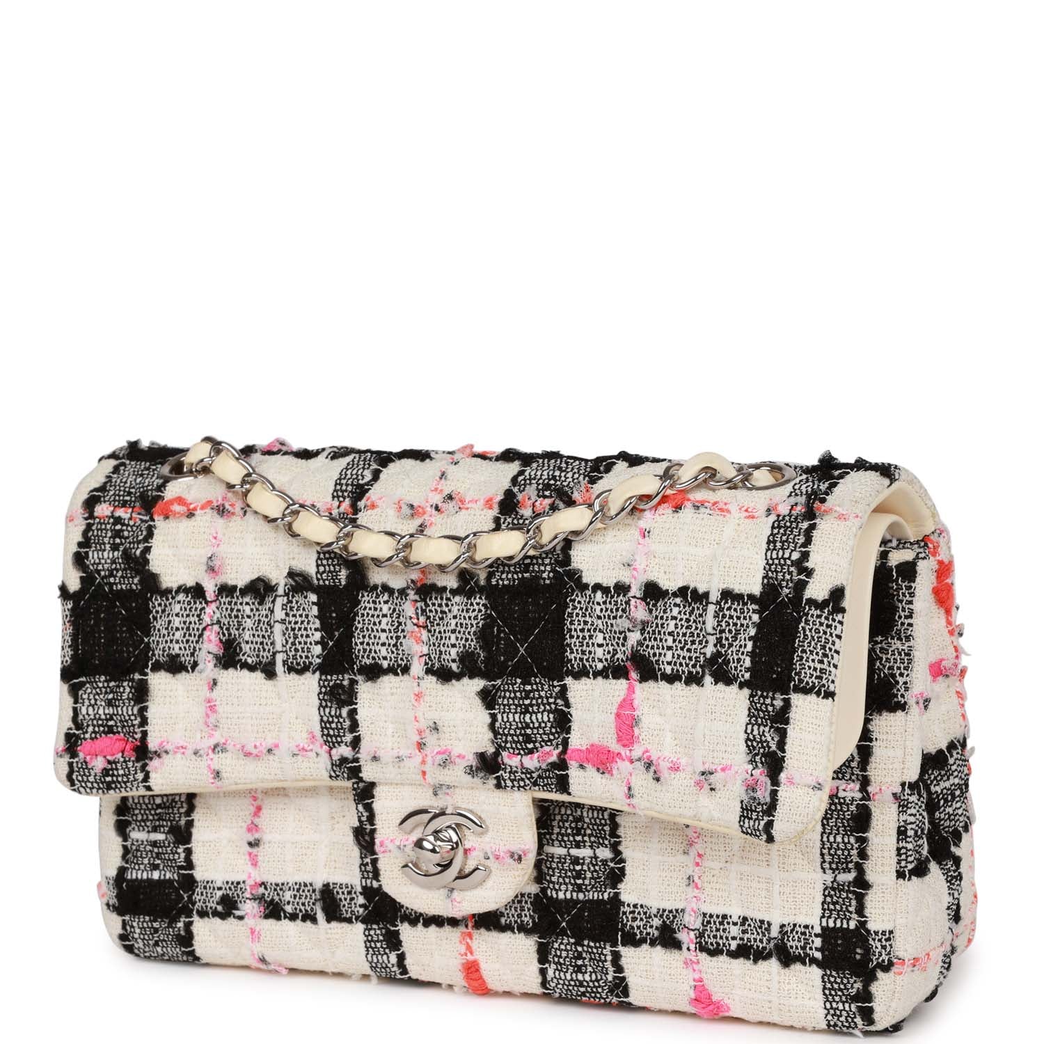 Pre-owned Chanel Medium Classic Double Flap Bag White, Black, and Pink Tweed Silver Hardware