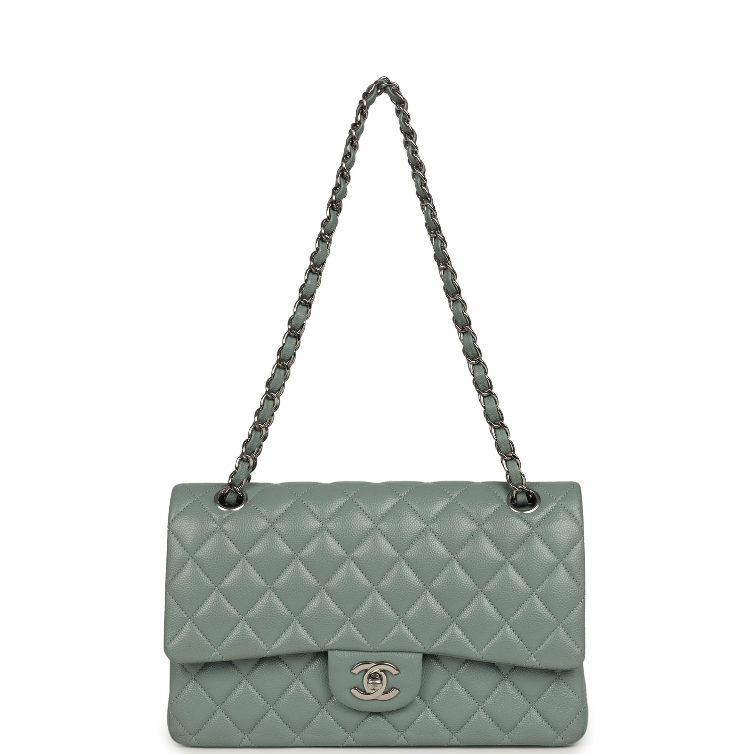 Pre-owned Chanel Medium Classic Double Flap Bag Blue Shiny Caviar Silver Hardware