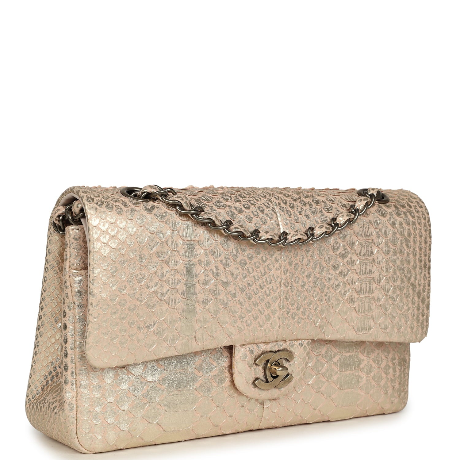 Pre-owned Chanel Medium Classic Double Flap Bag Light Pink, Silver Python Aged Bronze Hardware