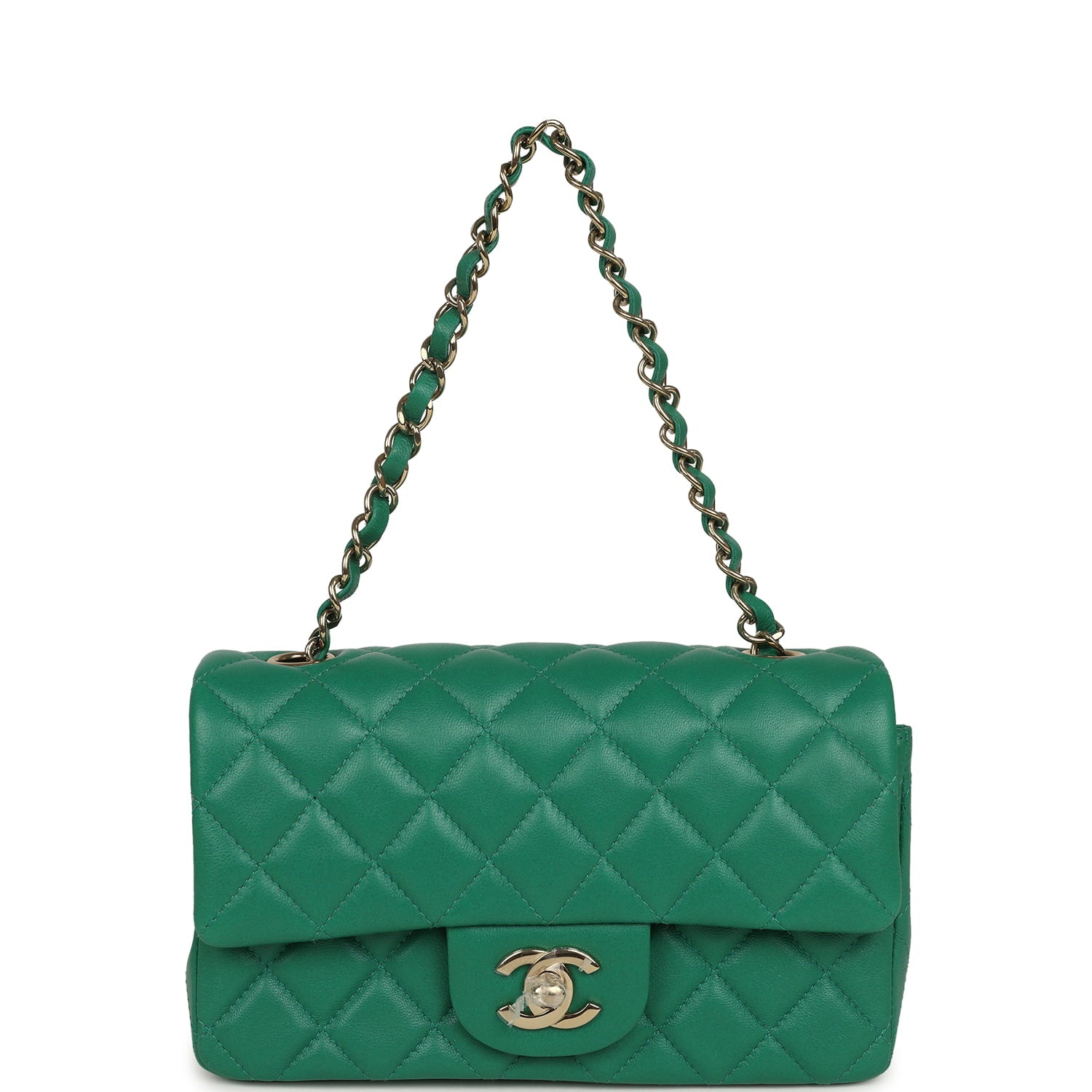 Chanel Mini Classic Rectangular Flap Bag Green Lambskin Light Gold Hardware