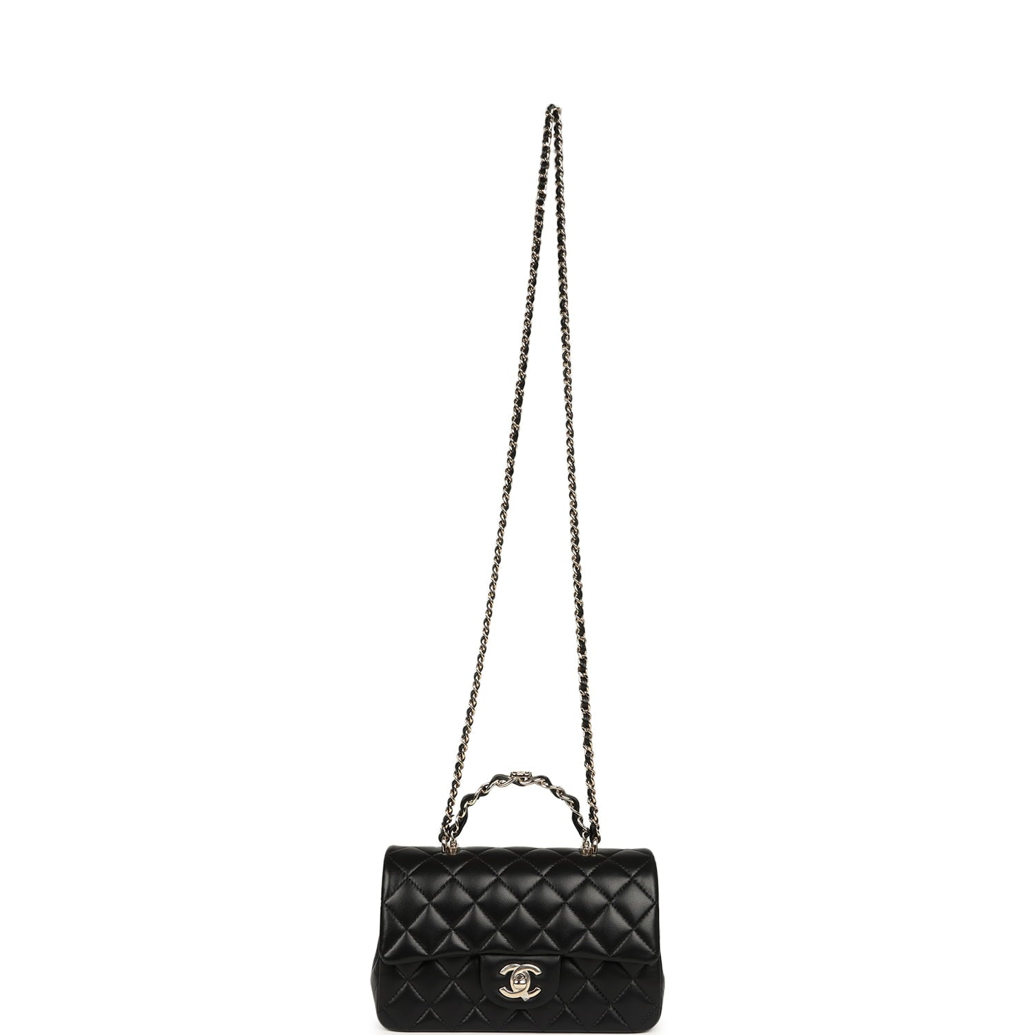 Chanel Mini Classic Rectangular Top Handle Flap Bag Black Lambskin Light Gold Hardware