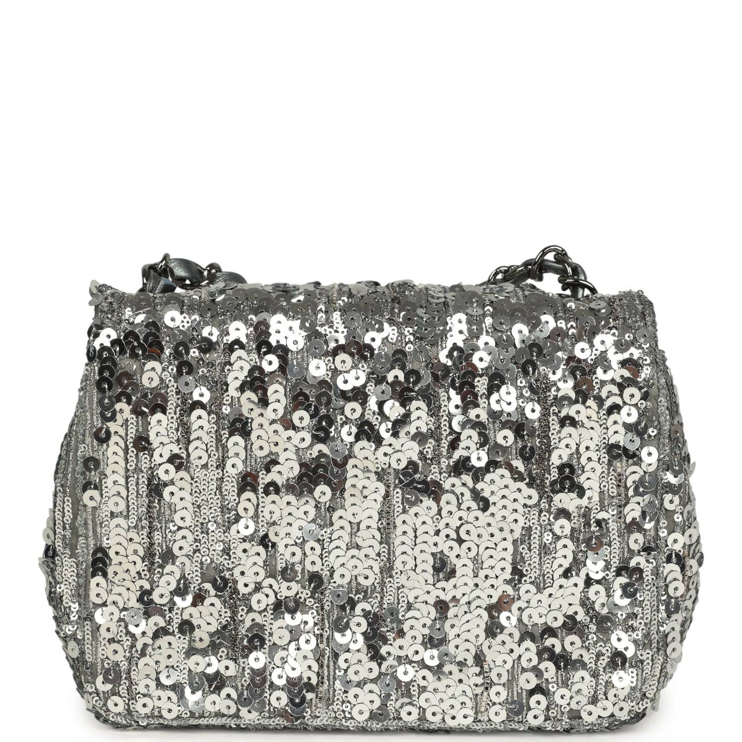 Chanel Mini Classic Square Flap Bag Metallic Silver Sequins Ruthenium Hardware