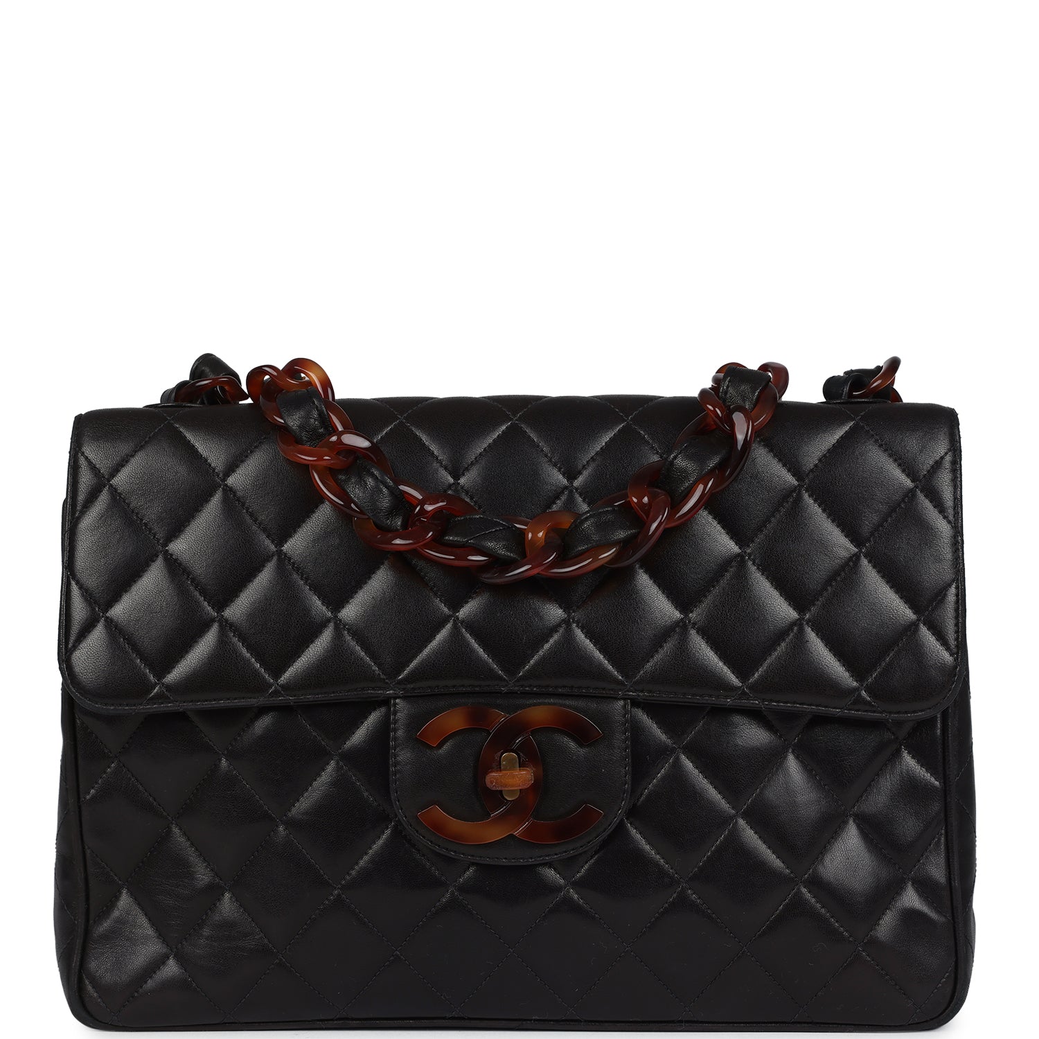Vintage Chanel Jumbo Classic Single Flap Bag Black Lambskin Tortoiseshell Bakelite Hardware