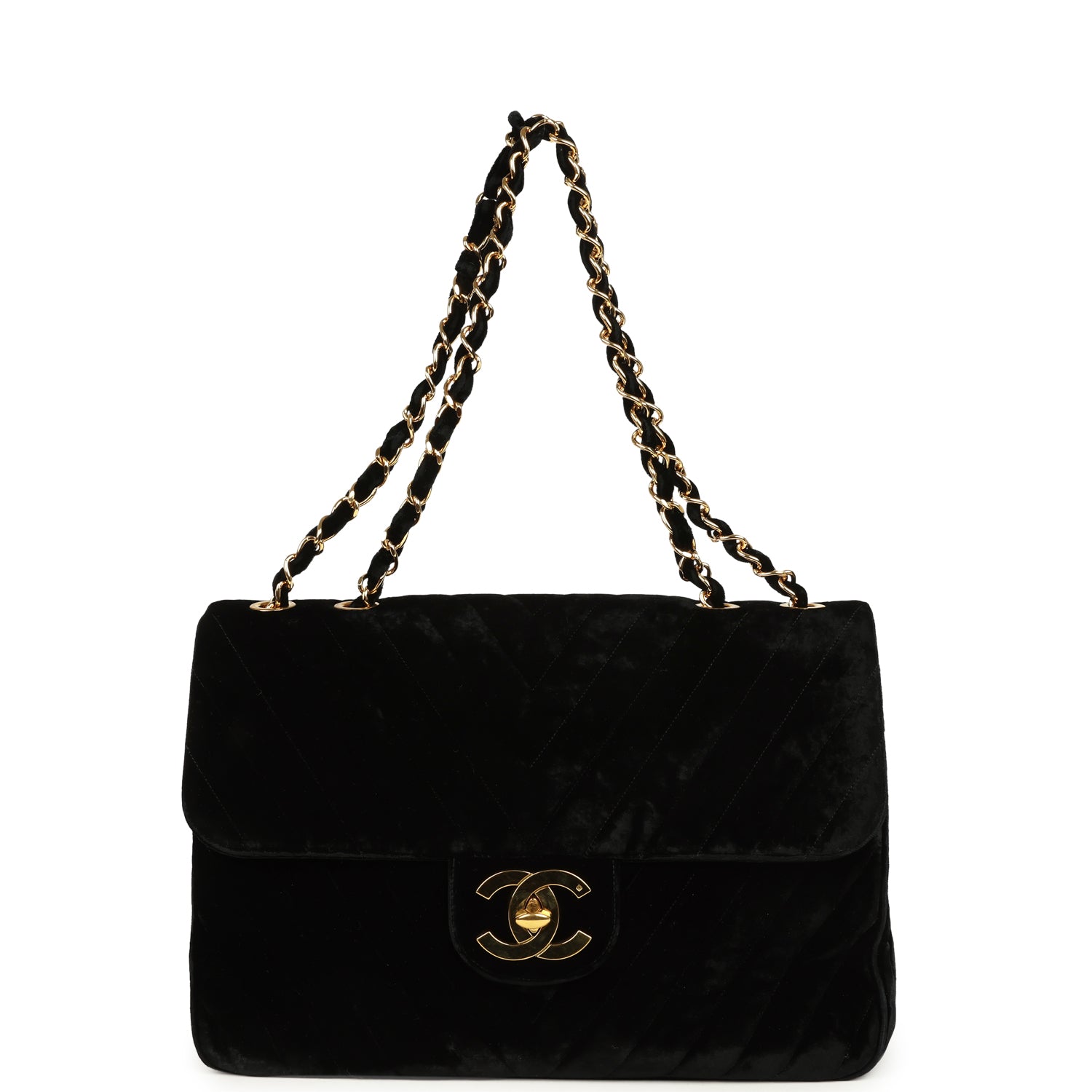 Vintage Chanel XL Classic Chevron Single Flap Bag Black Velvet Gold Hardware