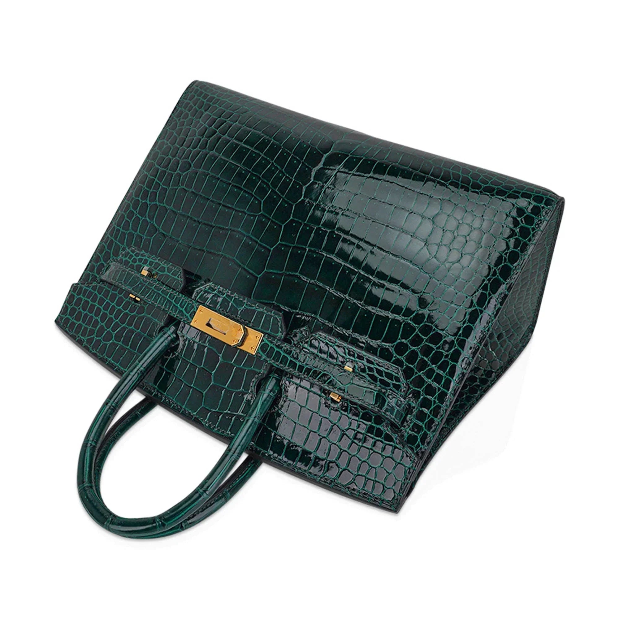 Birkin 25 Bag Sellier Vert Fonce Porosus Crocodile Bag with Gold Hardware