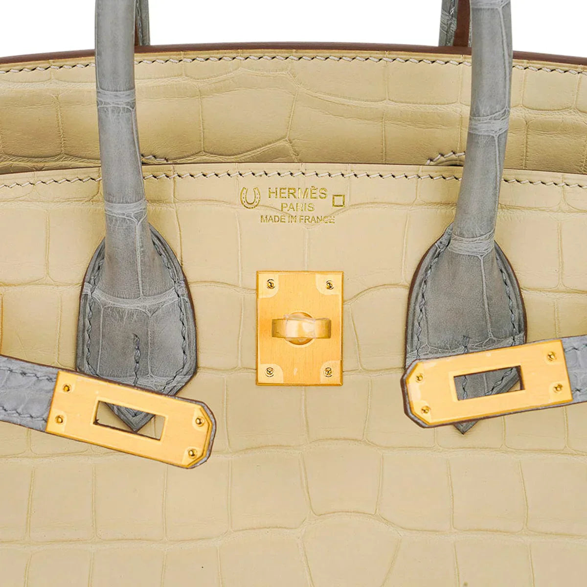 Special Order HSS Birkin 25 Bag in Matte Alligator Vanille and Gris Pearl Alligator with Brushed Gold Hardware