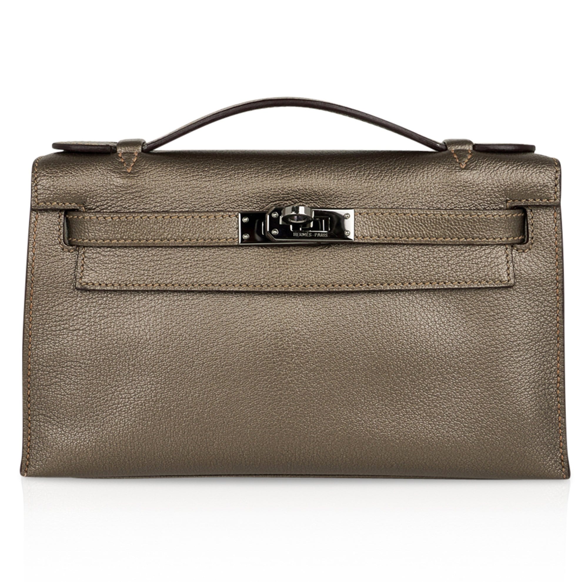 Kelly Pochette Metallic Bronze Clutch Bag Chevre Palladium